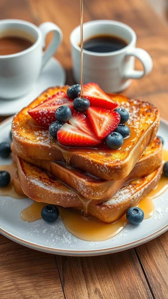 Gourmet French toast with strawberries and blueberries, drizzled with maple syrup on a rustic table.